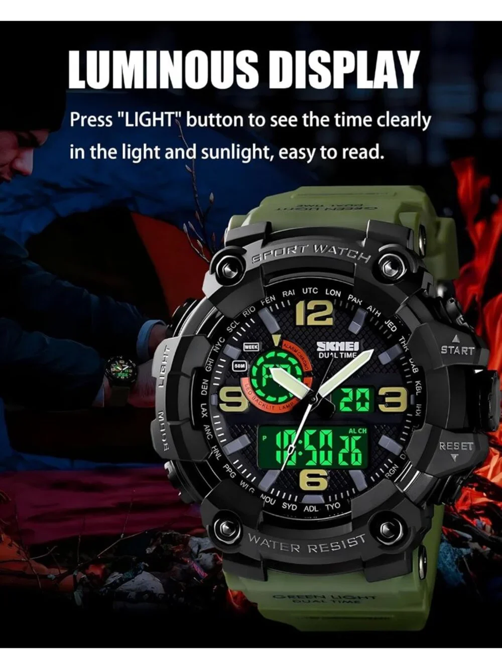 Men Army&Green Analog Quartz S-Shock Waterproof Outdoor Sports LED Digital Watch